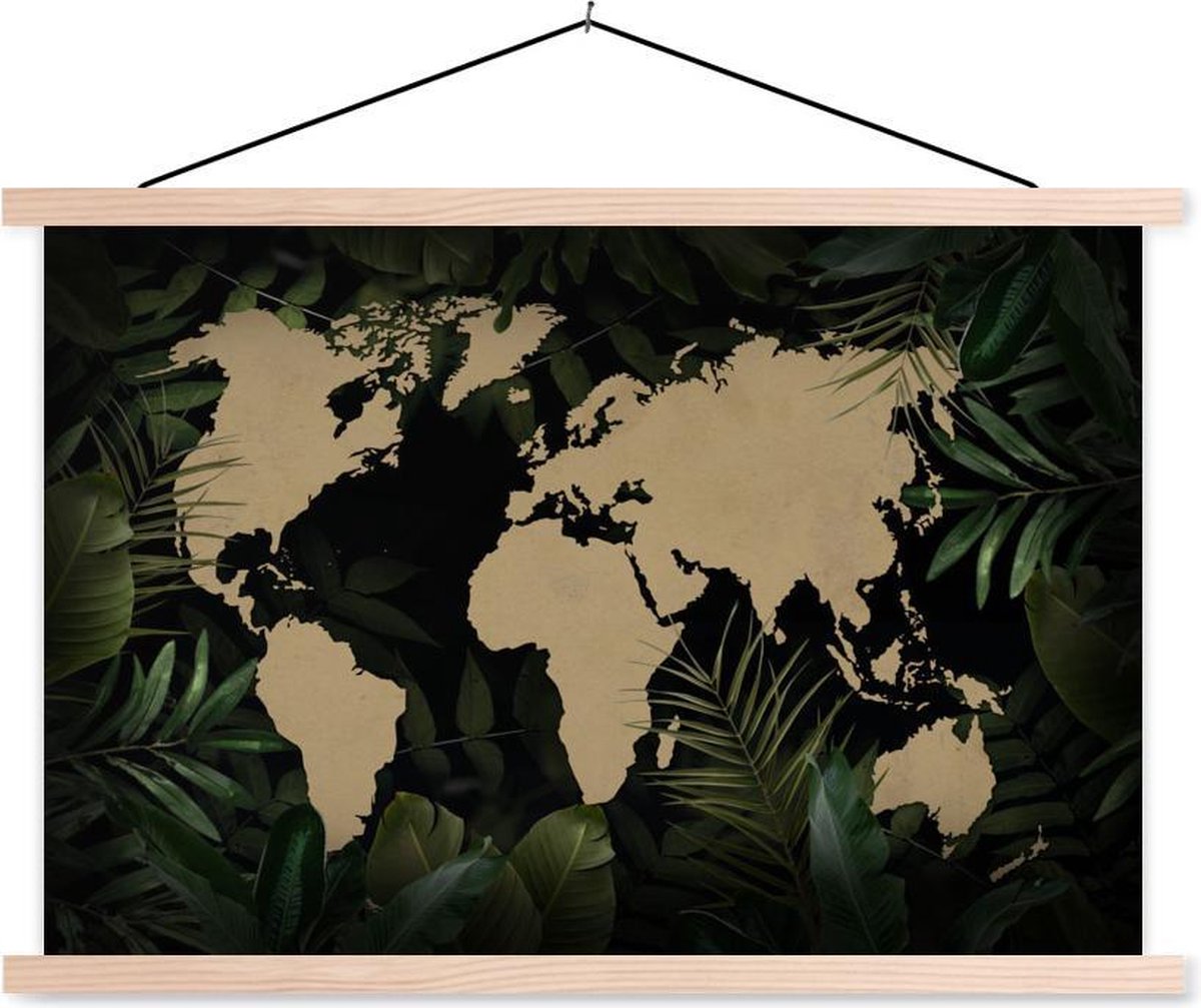 Schoolplaat - Wereldkaart - Bruin - Planten - 60x40 cm - Blanke latten