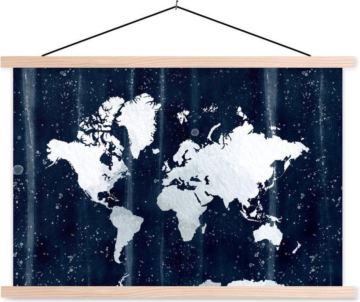Schoolplaat - Wereldkaart - Wit - Blauw - 60x40 cm - Blanke latten