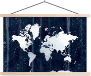Schoolplaat - Wereldkaart - Wit - Blauw - 60x40 cm - Blanke latten