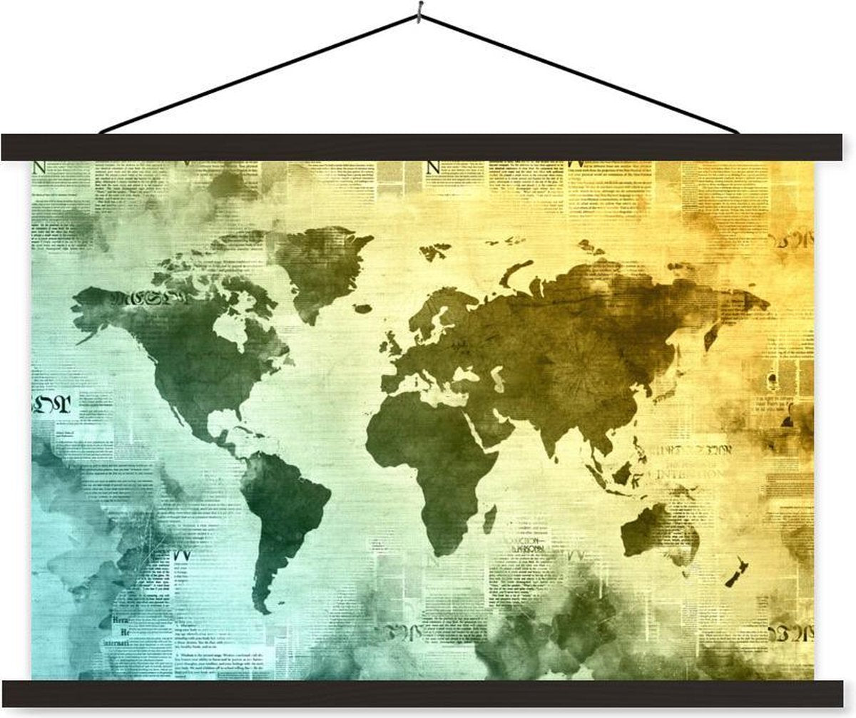 Schoolplaat - Wereldkaart - Blauw - Geel - 150x100 cm - Zwarte latten