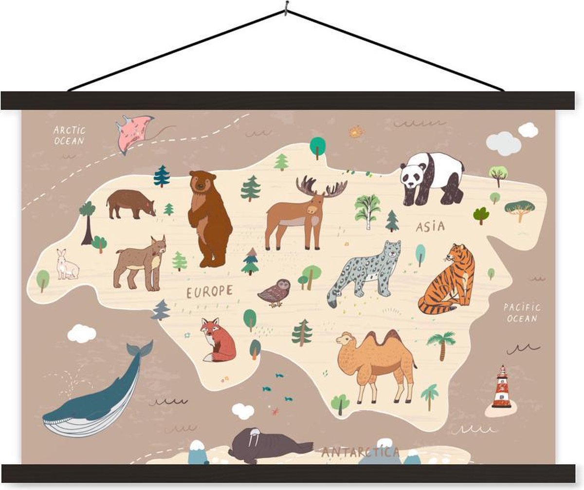 Kaart van Europa met dieren in het bruin 60x40 cm
