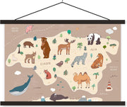 Kaart van Europa met dieren in het bruin 60x40 cm