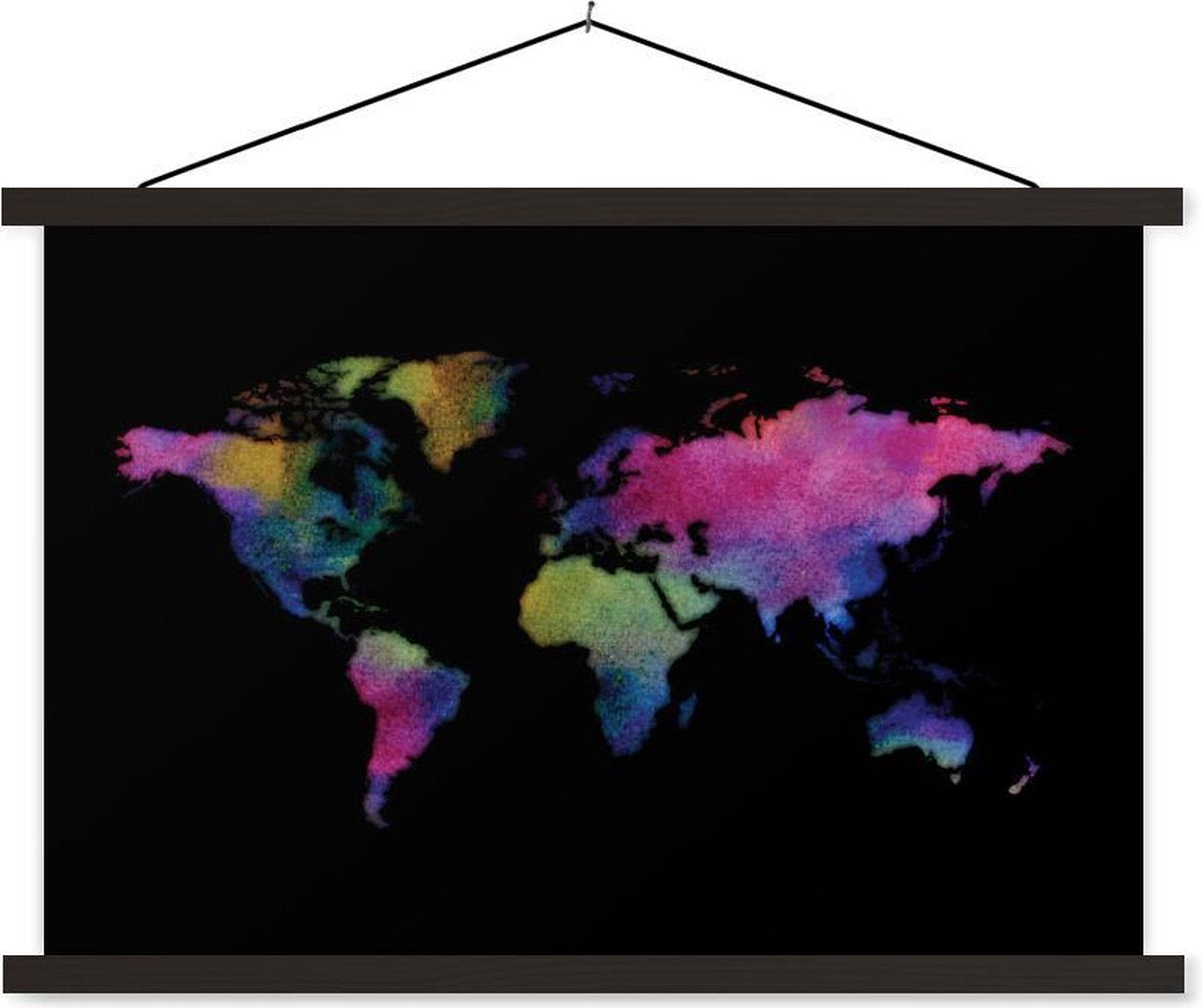 Schoolplaat - Wereldkaart - Waterverf - Kleuren - 60x40 cm - Zwarte latten