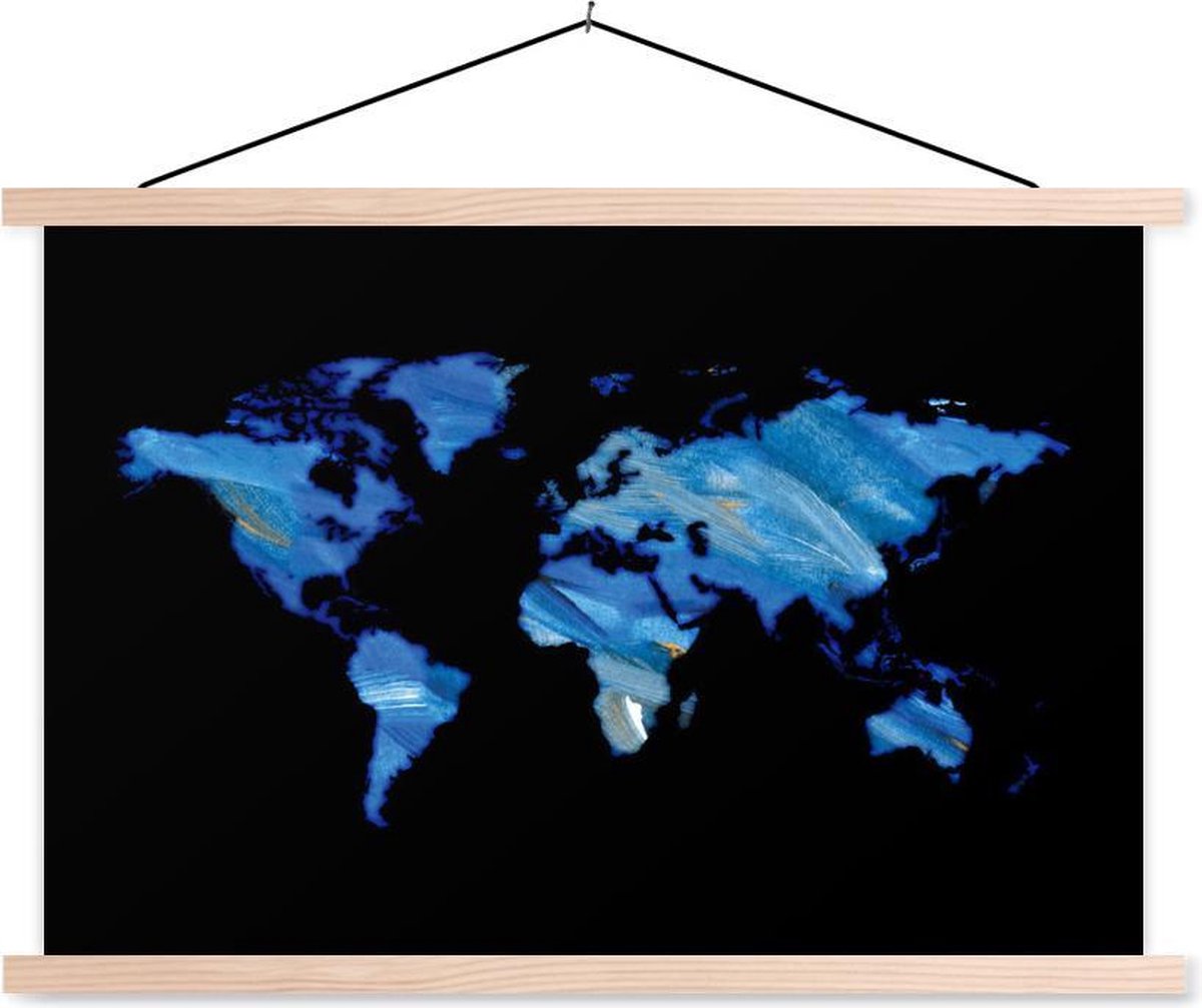 Schoolplaat - Wereldkaart - Zwart- Waterverf - 60x40 cm - Blanke latten