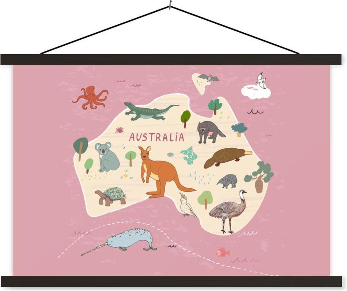 Roze kaart van Australië met dieren 150x100 cm