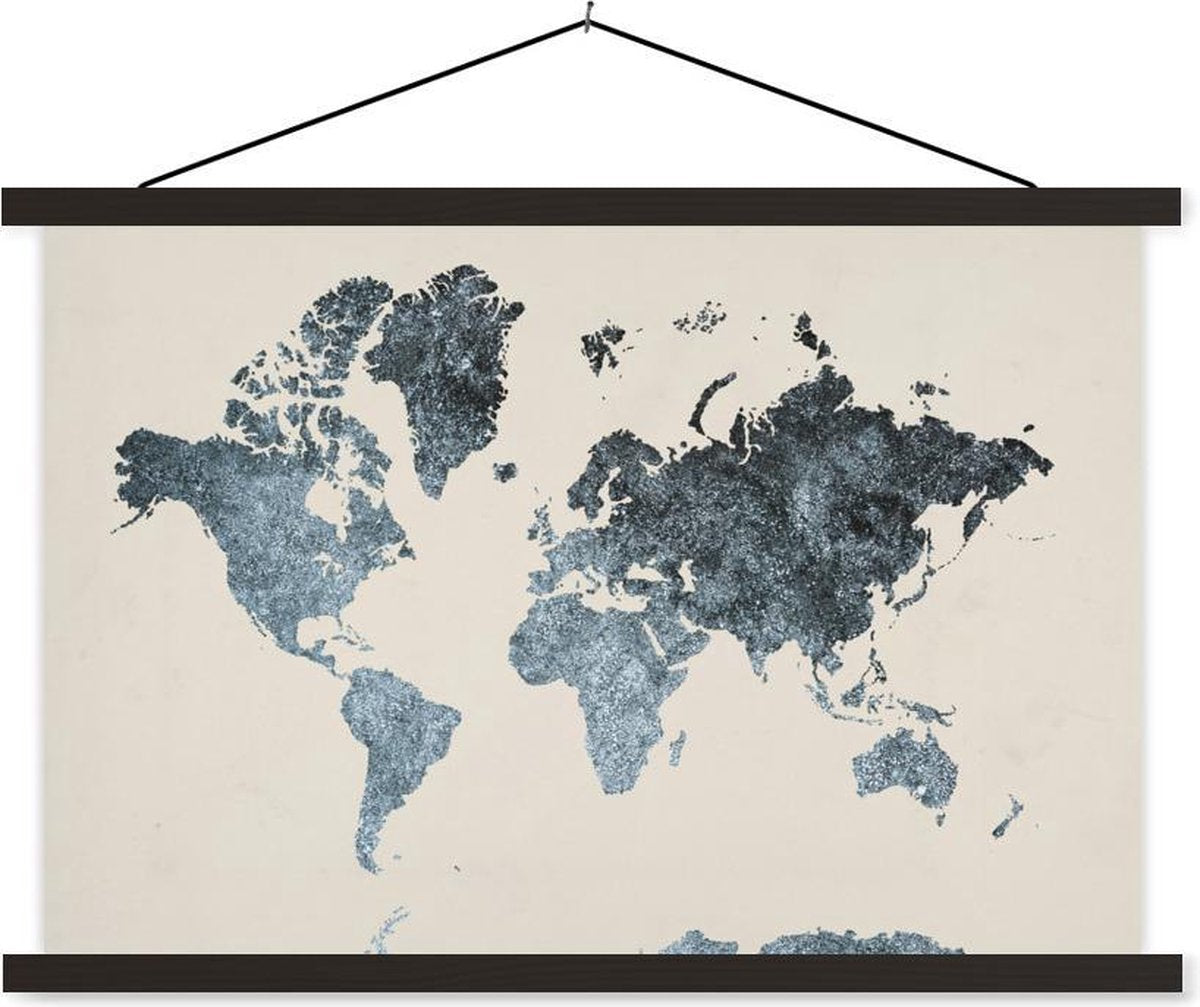 Schoolplaat - Wereldkaart - Zwart - Zilver - 150x100 cm - Zwarte latten
