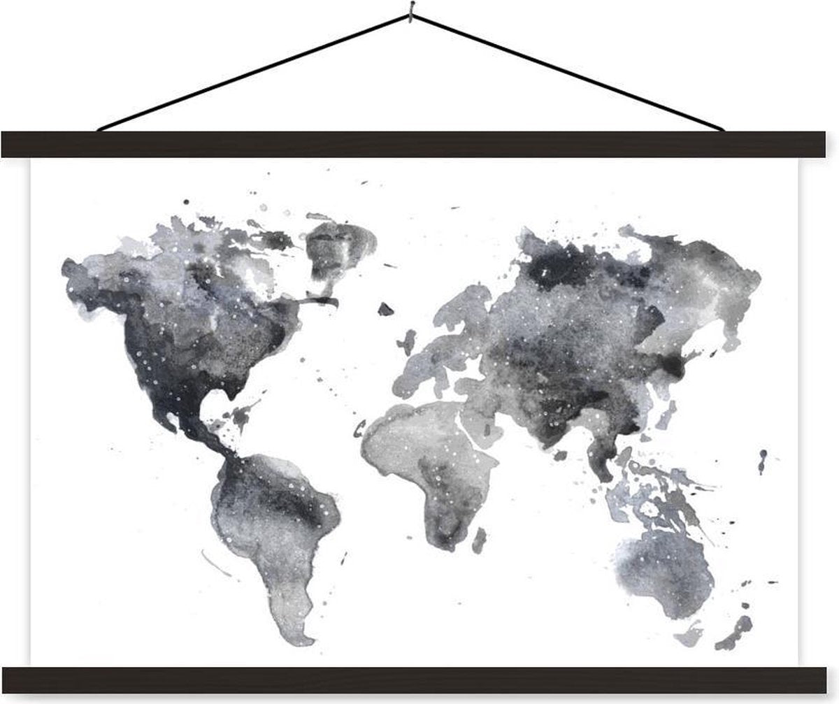 Schoolplaat - Wereldkaart - Abstract - Grijs - 60x40 cm - Zwarte latten