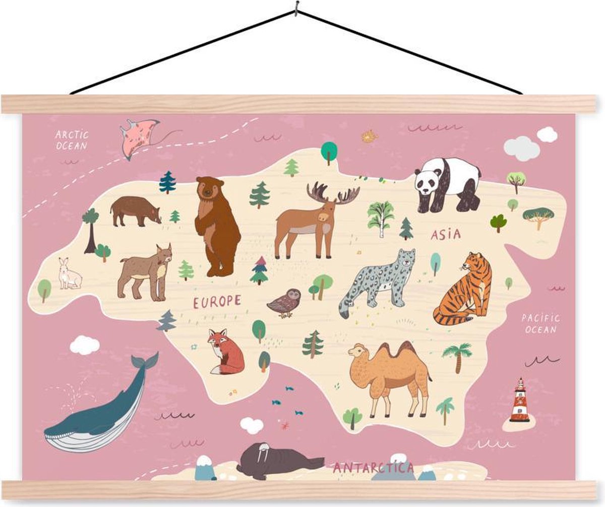 Kaart van Europa met dieren in het roze 150x100 cm
