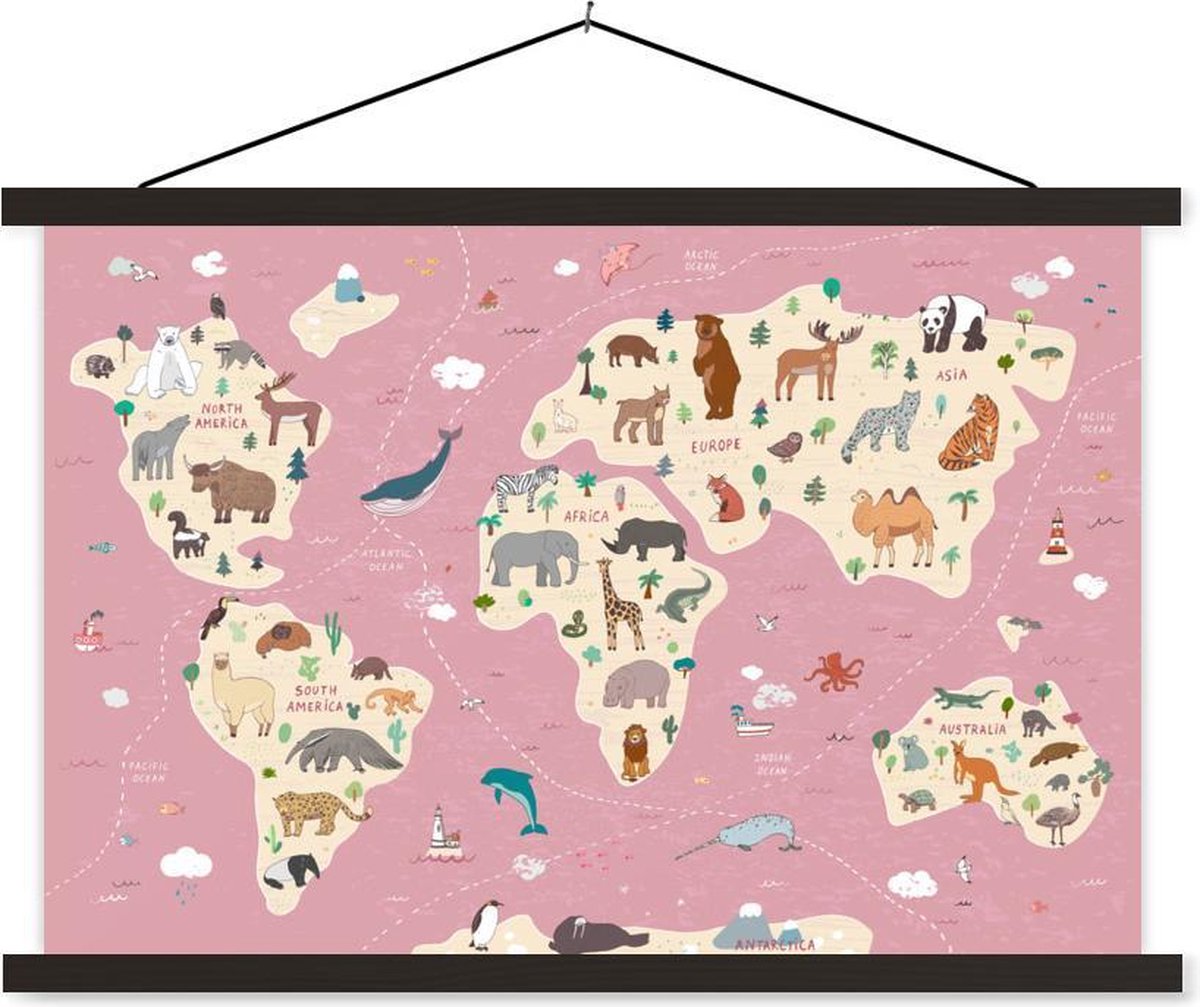 Roze wereldkaart met dieren 60x40 cm