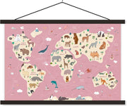 Roze wereldkaart met dieren 60x40 cm