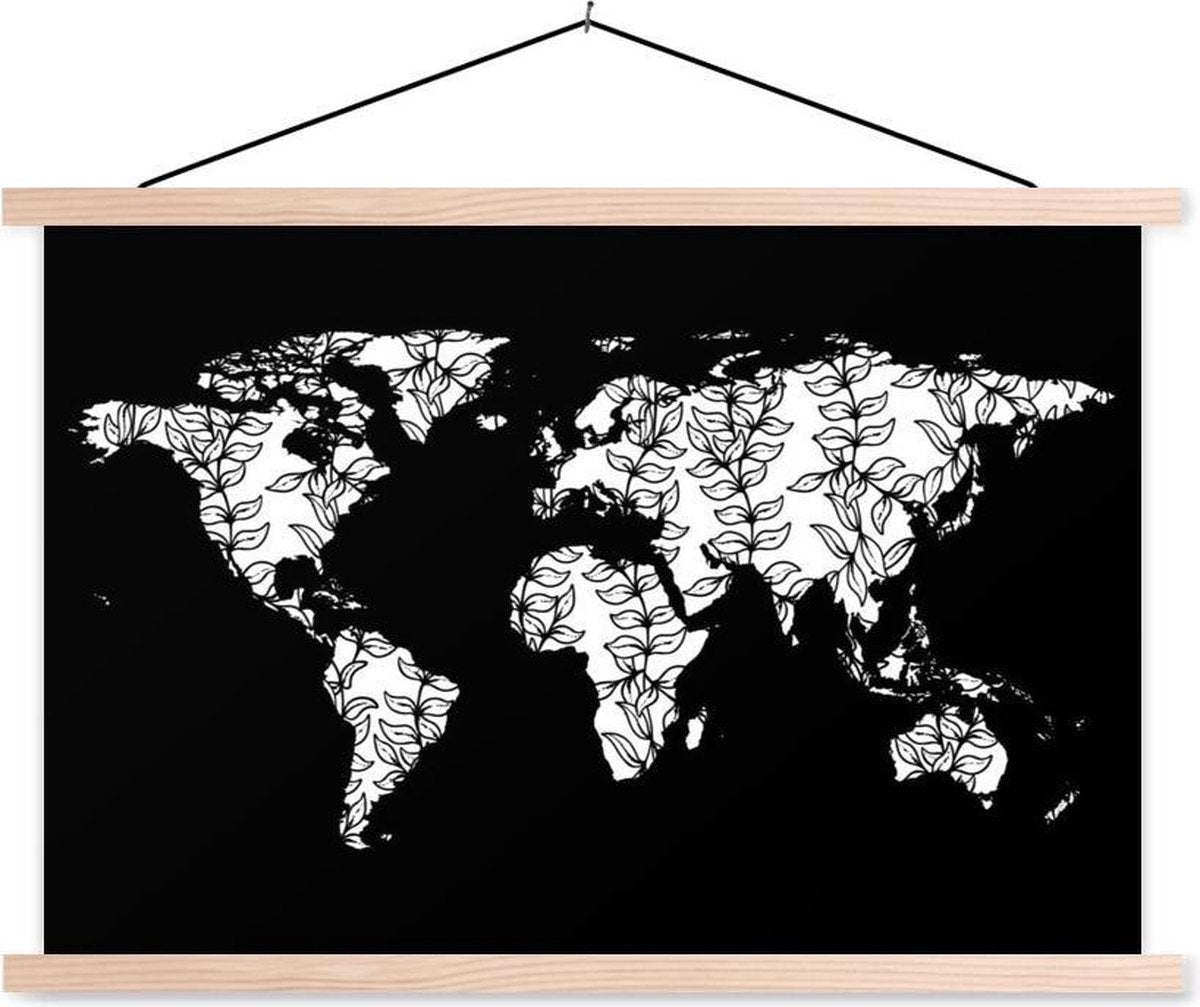 Schoolplaat - Wereldkaart - Zwart - Wit - Bladeren - 90x60 cm