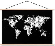 Schoolplaat - Wereldkaart - Zwart - Wit - Bladeren - 90x60 cm