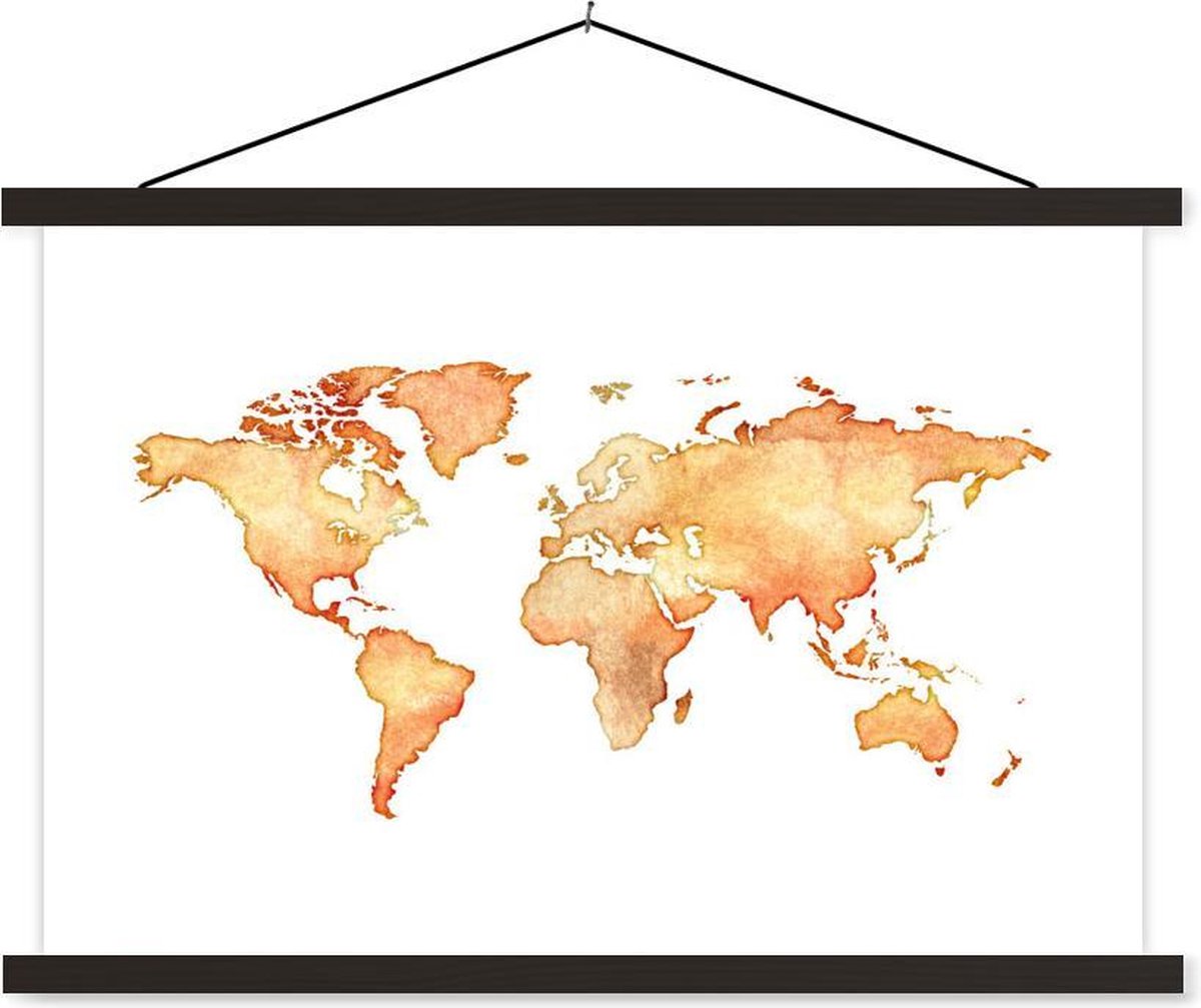 Schoolplaat - Wereldkaart - Oranje - Waterverf - 150x100 cm - Zwarte latten