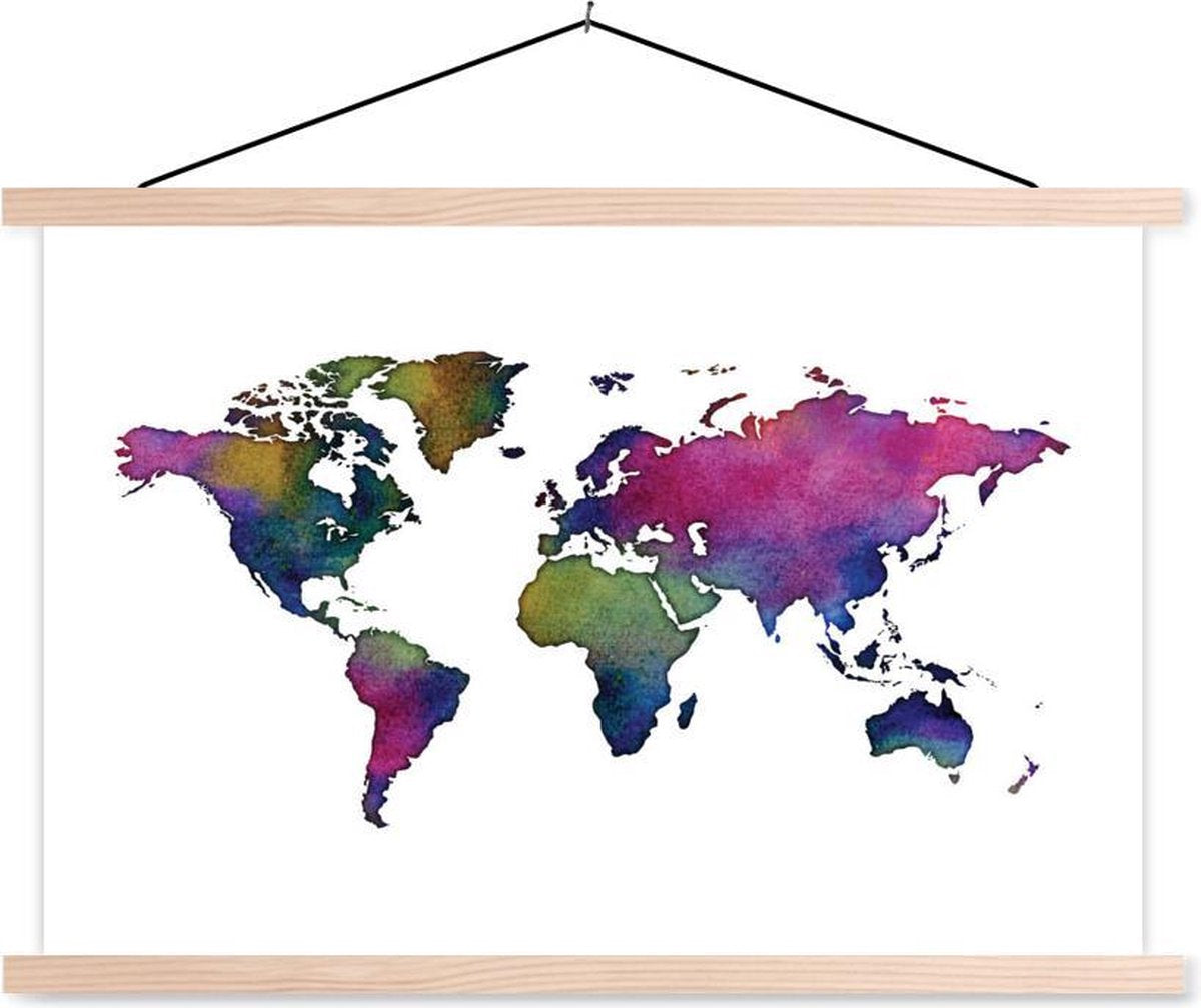 Schoolplaat - Wereldkaart - Aquarel - Wit - 150x100 cm - Blanke latten