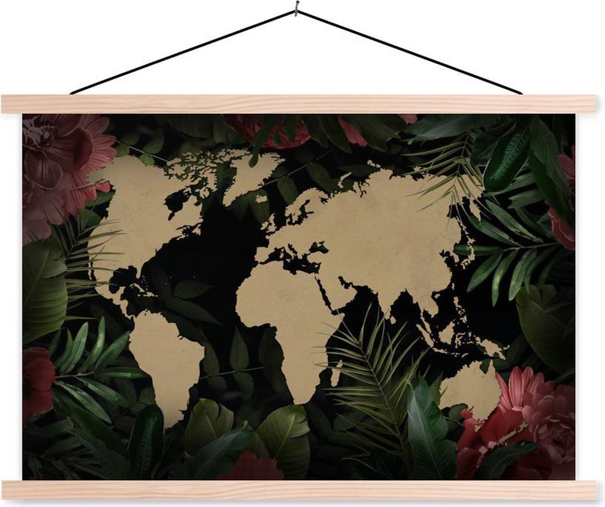 Schoolplaat - Wereldkaart - Bloemen - Tropische Planten - 90x60 cm