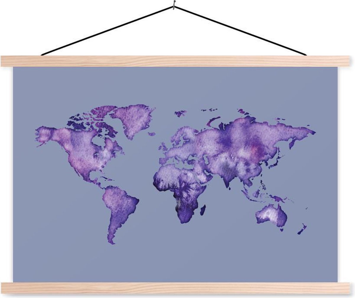 Schoolplaat - Wereldkaart - Aquarel - Grijs - 150x100 cm - Blanke latten