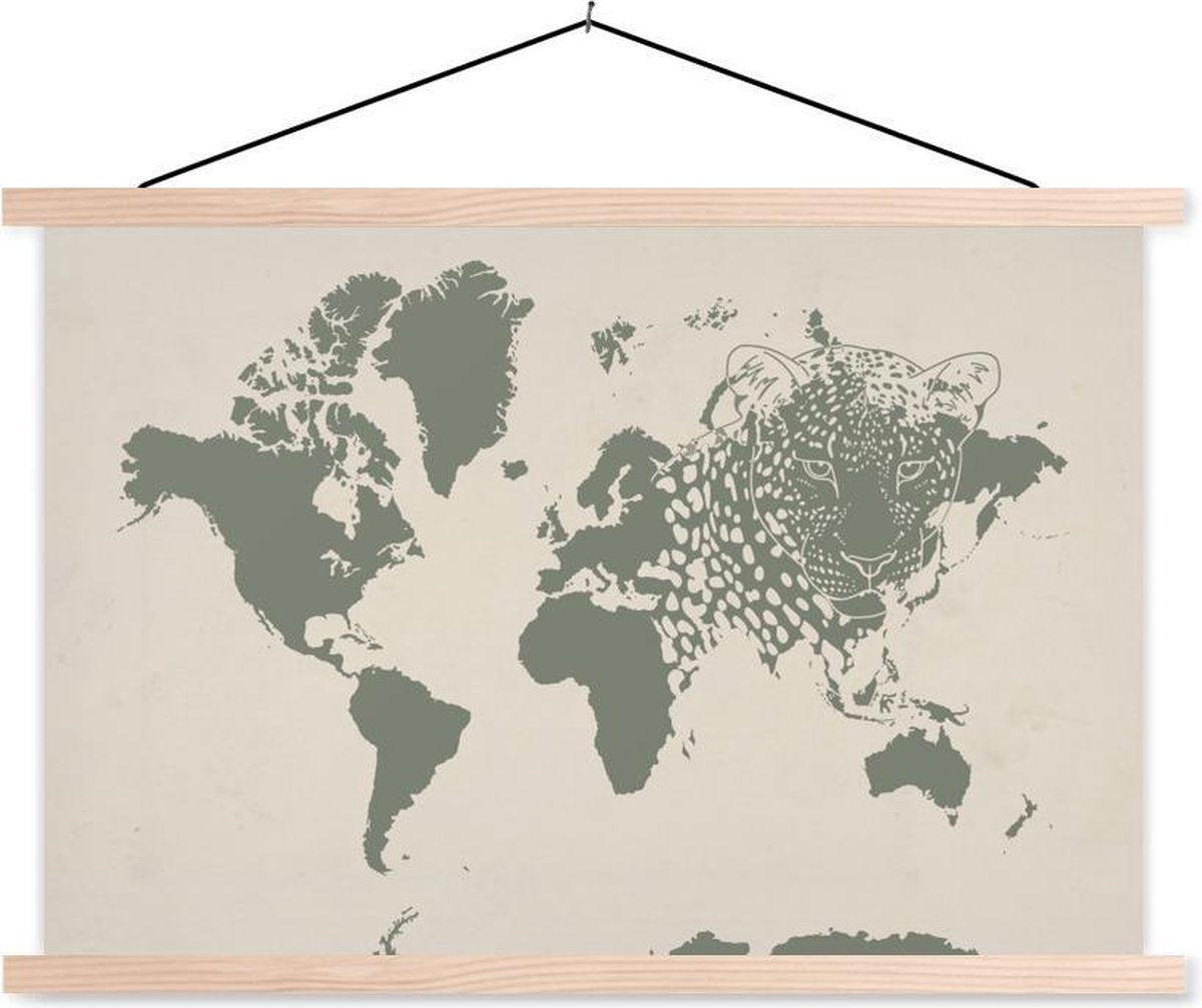 Schoolplaat - Wereldkaart -Dieren - Luipaard - 60x40 cm - Blanke latten
