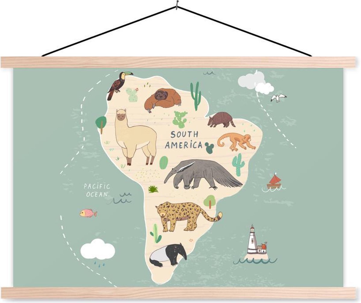Groene kaart van Zuid-Amerika met dieren 90x60 cm