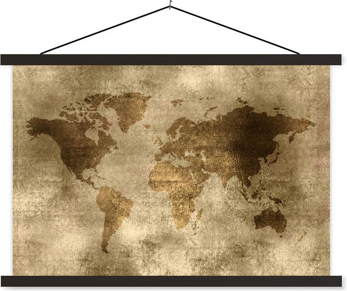 Schoolplaat - Wereldkaart - Antiek - Bruin - 150x100 cm - Zwarte latten