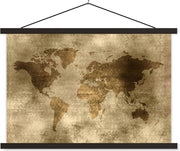 Schoolplaat - Wereldkaart - Antiek - Bruin - 150x100 cm - Zwarte latten
