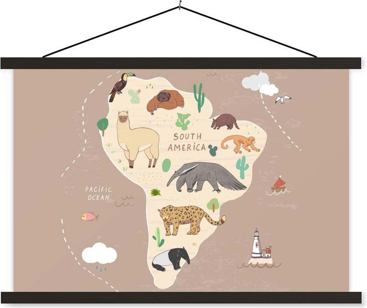 Bruine kaart van Zuid-Amerika met dieren 90x60 cm