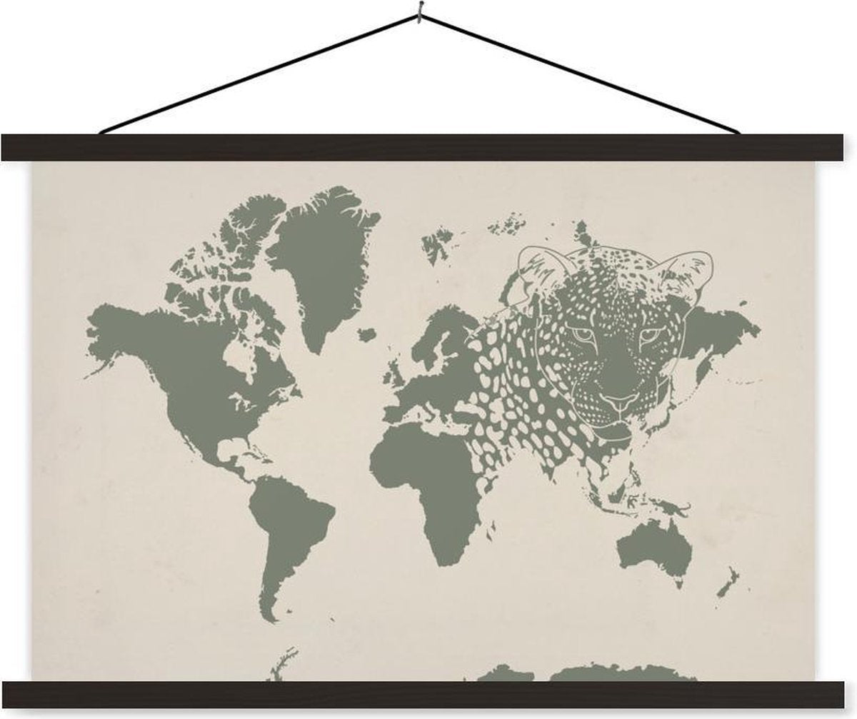 Schoolplaat - Wereldkaart -Dieren - Luipaard - 60x40 cm - Zwarte latten