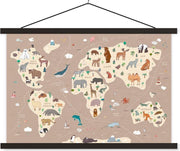 Bruine wereldkaart met dieren 90x60 cm