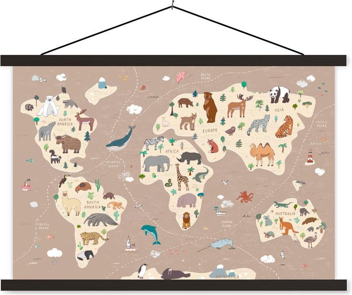 Bruine wereldkaart met dieren 90x60 cm