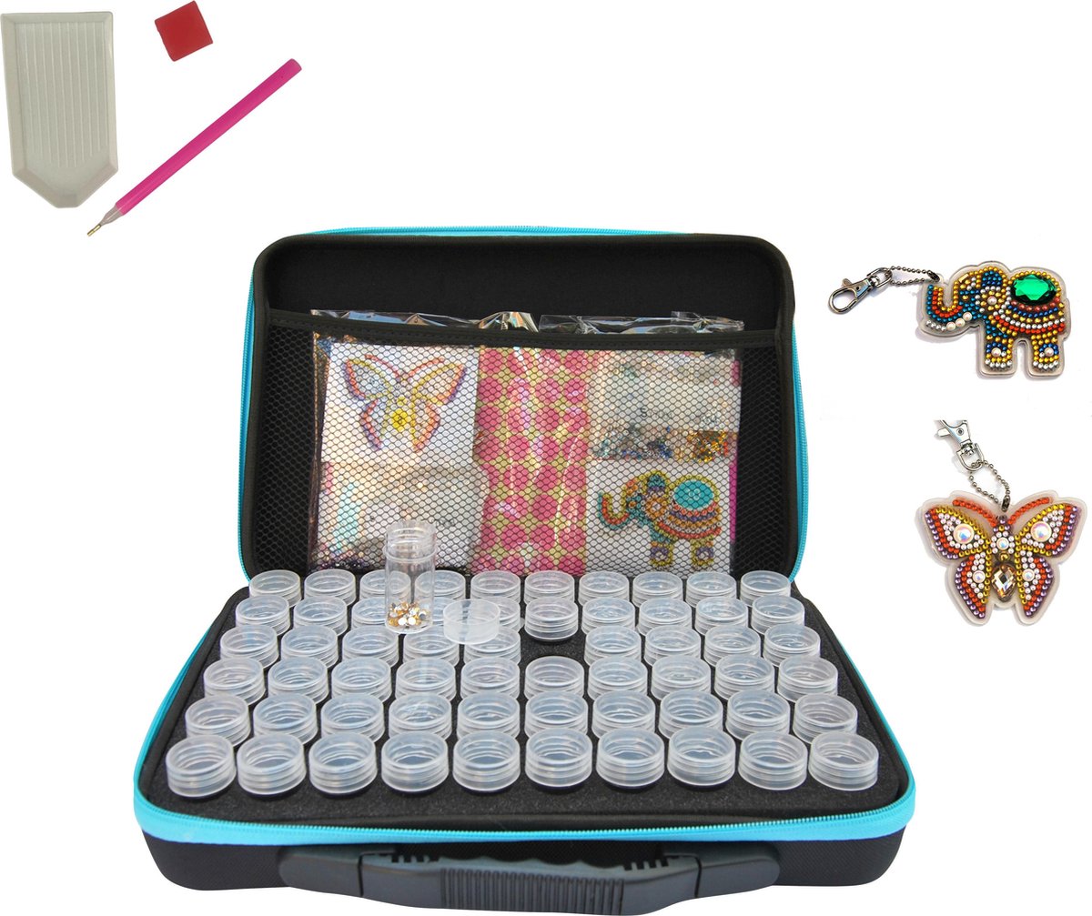 Huntex Diamond painting opbergdoos 60 Blauw - INCLUSIEF Sleutelhangerset Olifant/Vlinder - Sorteerdoos -Kralendoos - Koffer - Luxe case - Steentjes sorteren - Pakket Volledig - Volwassenen - Hobby - 60 schroefdop potjes - Diament painting - Stickers