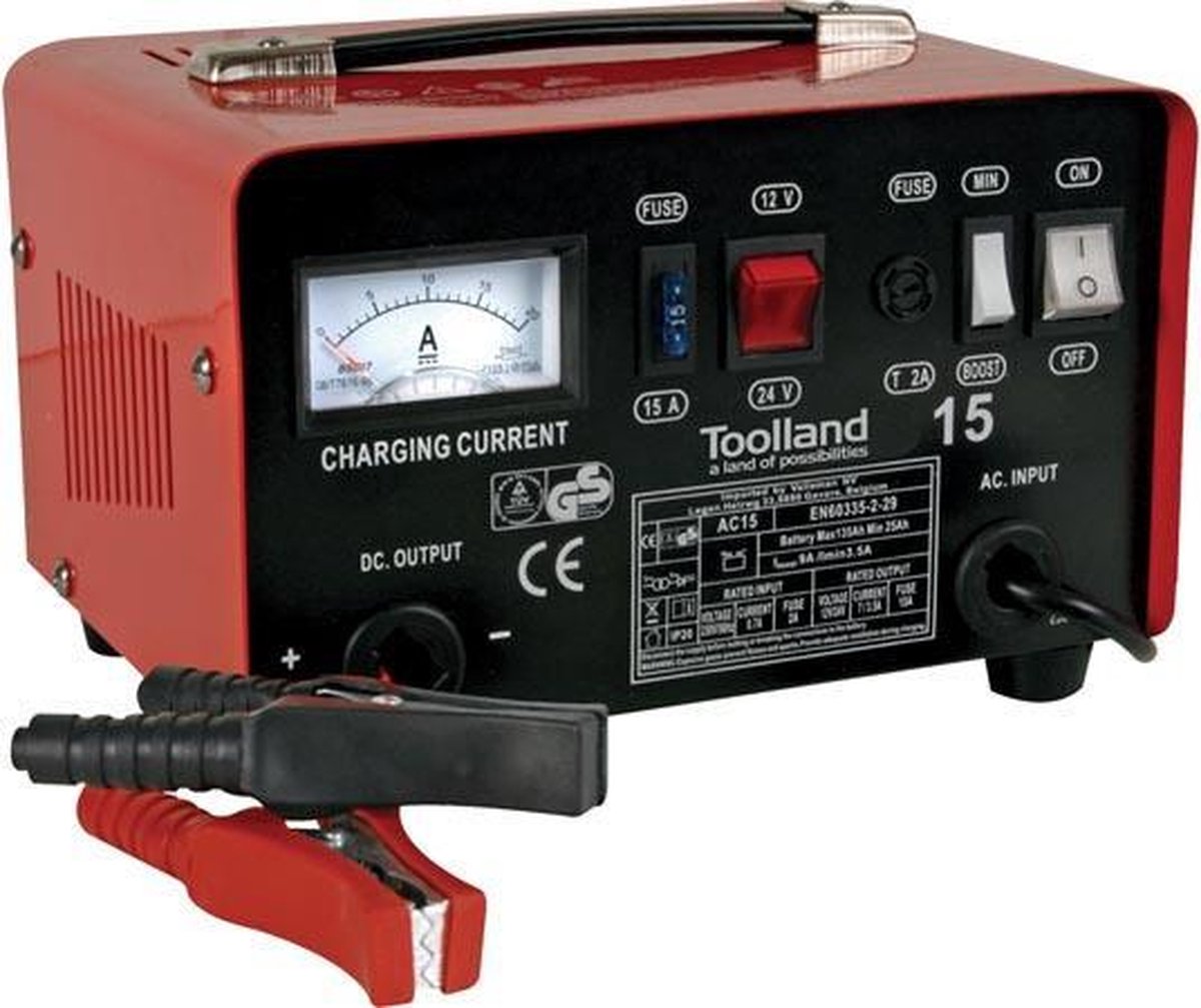 Toolland Loodacculader Enkelfasig 12/24v 7-9a Rood/zwart