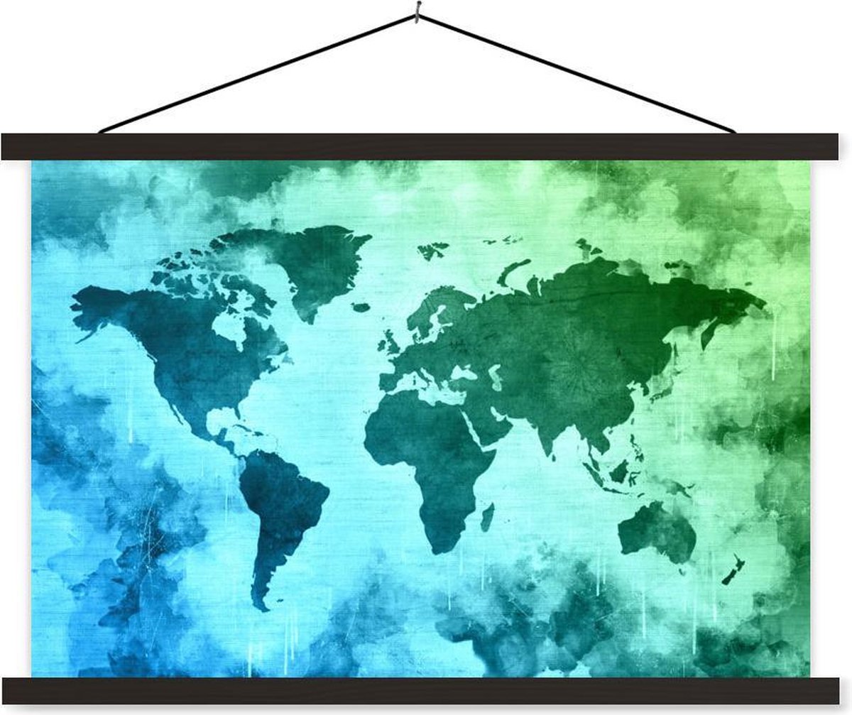 Schoolplaat - Wereldkaart - Blauw - Groen - 150x100 cm - Zwarte latten