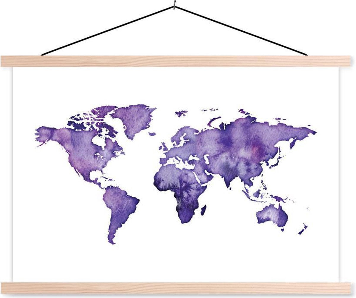 Schoolplaat - Wereldkaart - Aquarel - Paars - 150x100 cm - Blanke latten