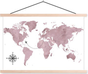 Schoolplaat - Wereldkaart - Roze - Windroos - 150x100 cm - Blanke latten