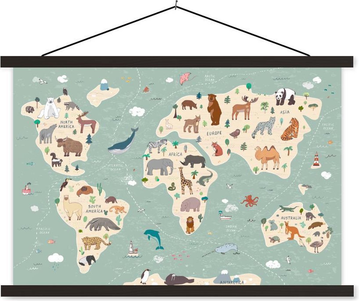 Groene wereldkaart met dieren 90x60 cm