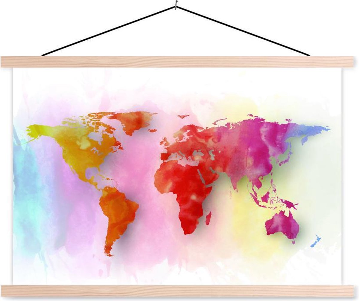 Schoolplaat - Wereldkaart - Aquarel - Regenboog - 60x40 cm - Blanke latten