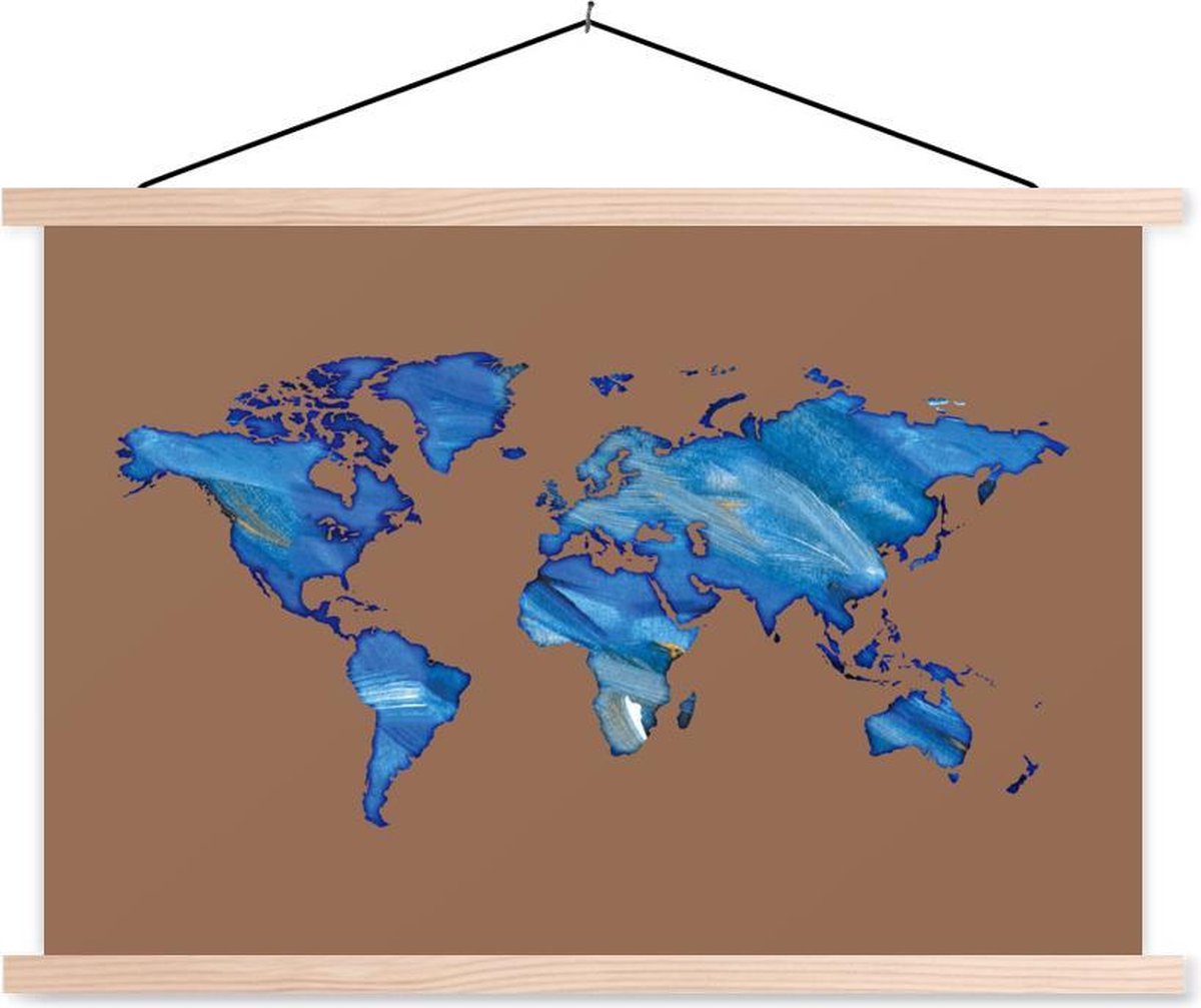 Schoolplaat - Wereldkaart - Aquarel - Blauw - 150x100 cm - Blanke latten