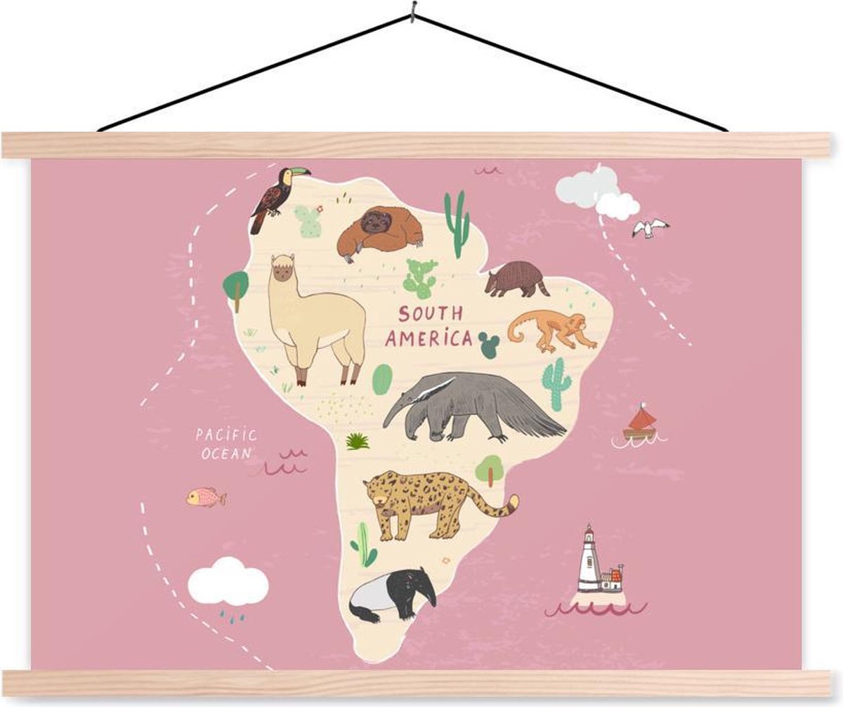 Roze kaart van Zuid-Amerika met dieren 150x100 cm