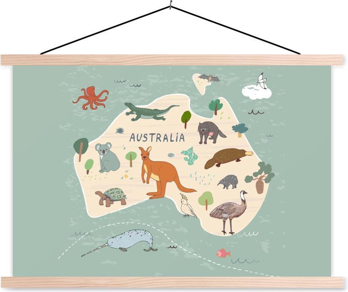 Groene kaart van Australië met dieren 60x40 cm