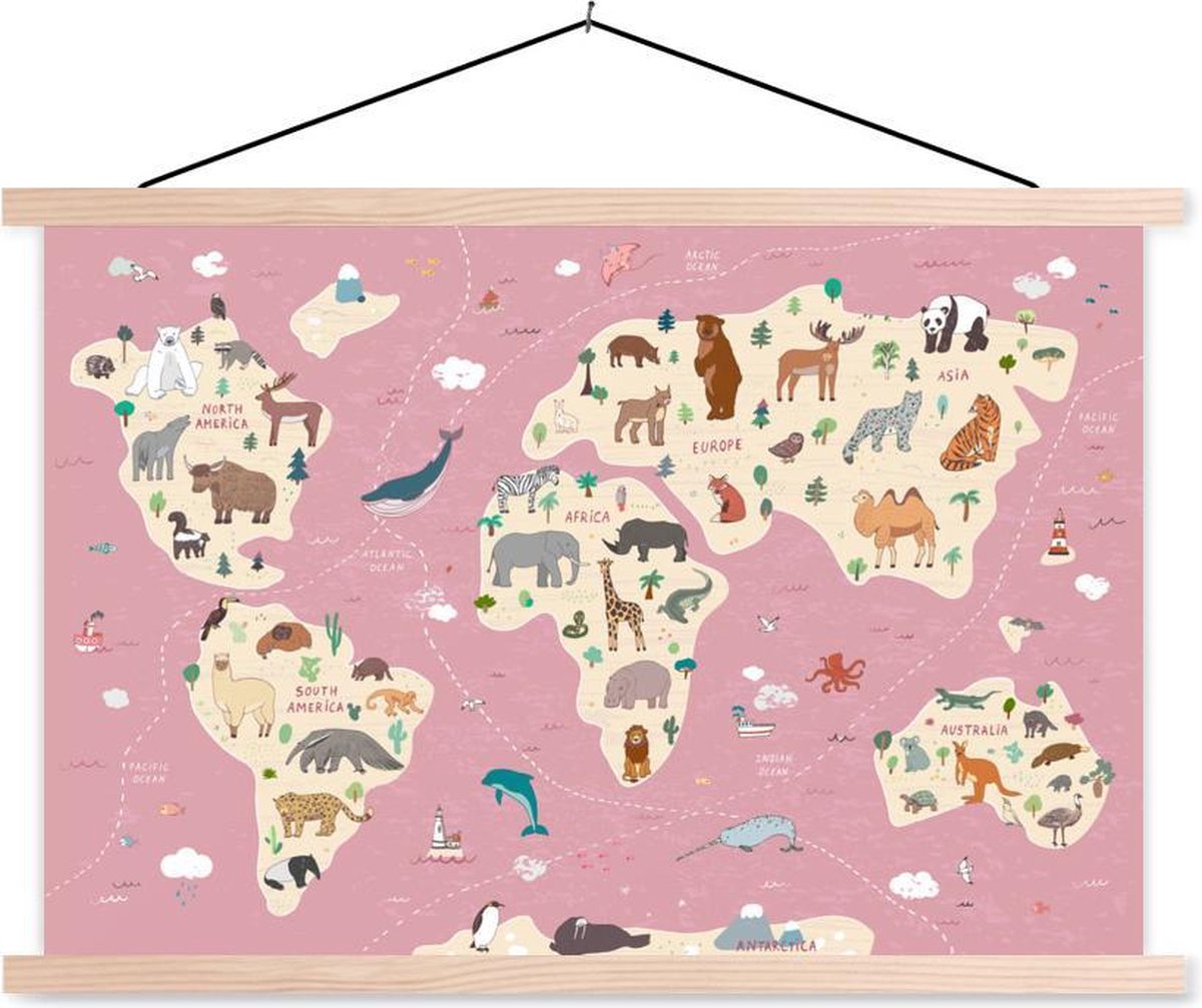 Roze wereldkaart met dieren 90x60 cm