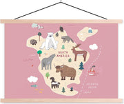 Roze kaart van Noord-Amerika met dieren 90x60 cm