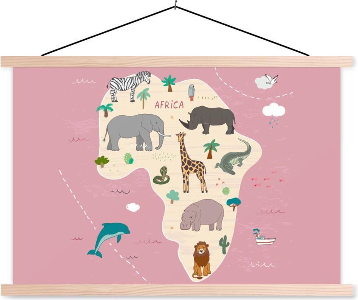 Roze kaart van Afrika met dieren 150x100 cm