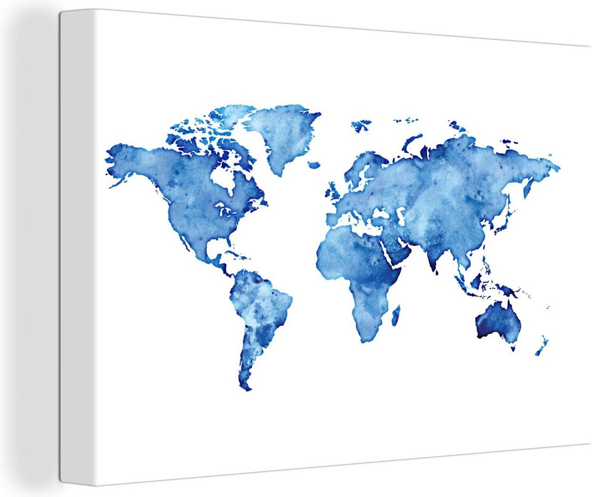 Canvas Schilderijen - Wereldkaart - Waterverf - Blauw - 140x90 cm - Wanddecoratie