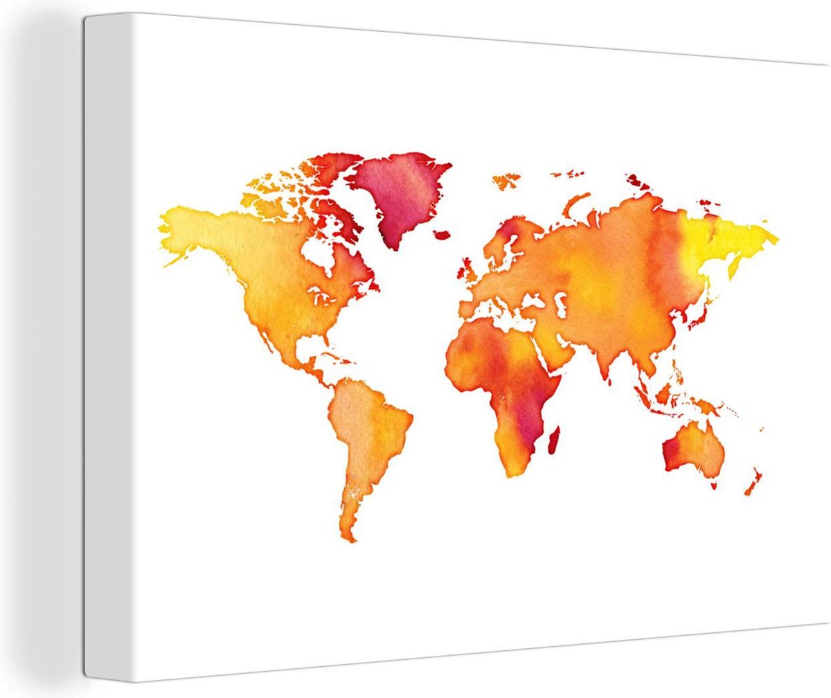 Canvas Schilderijen - Wereldkaart - Waterverf - Geel - 90x60 cm - Wanddecoratie