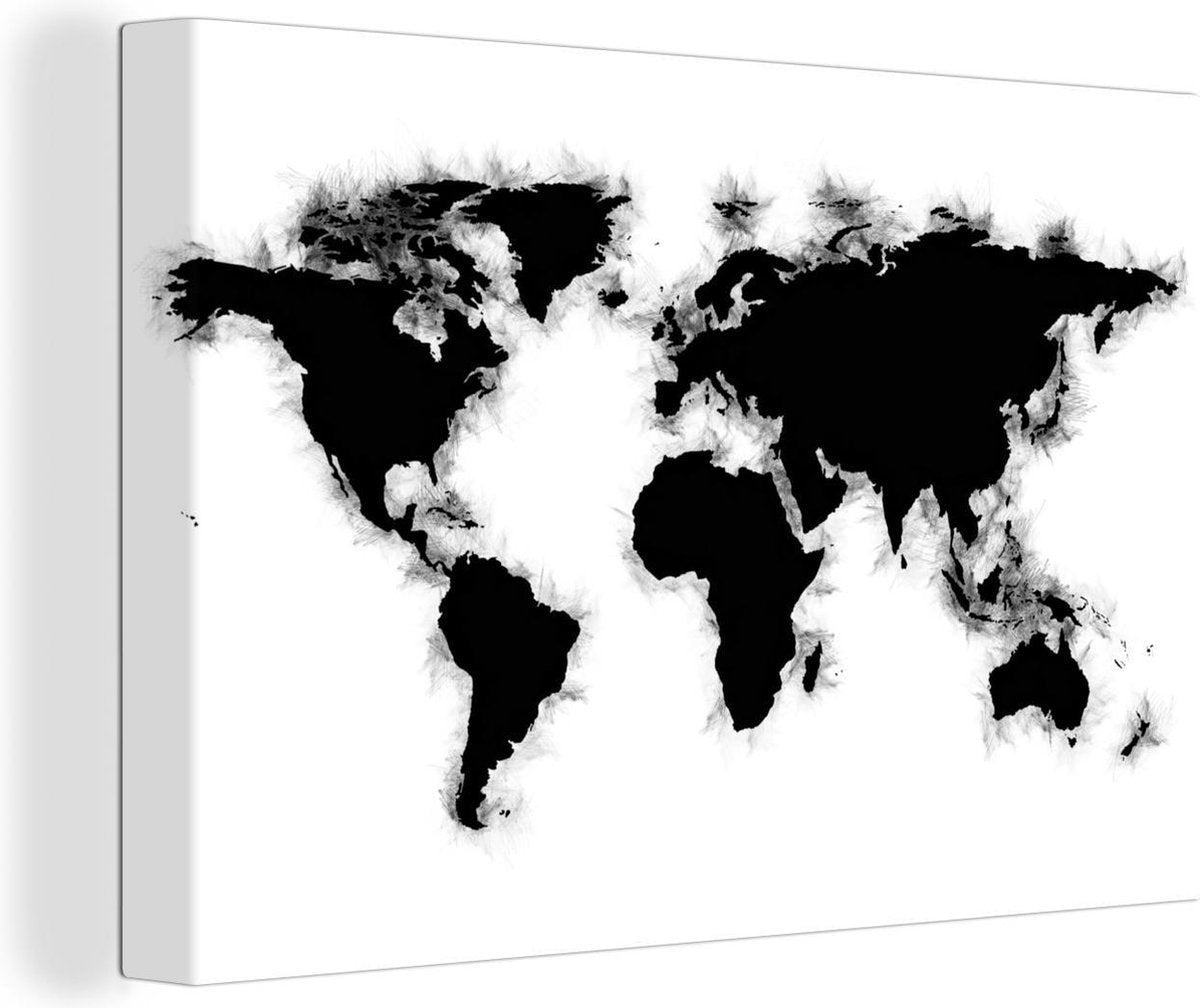 Canvas Schilderijen - Wereldkaart - Zwart - Wit - Simpel - 140x90 cm - Wanddecoratie