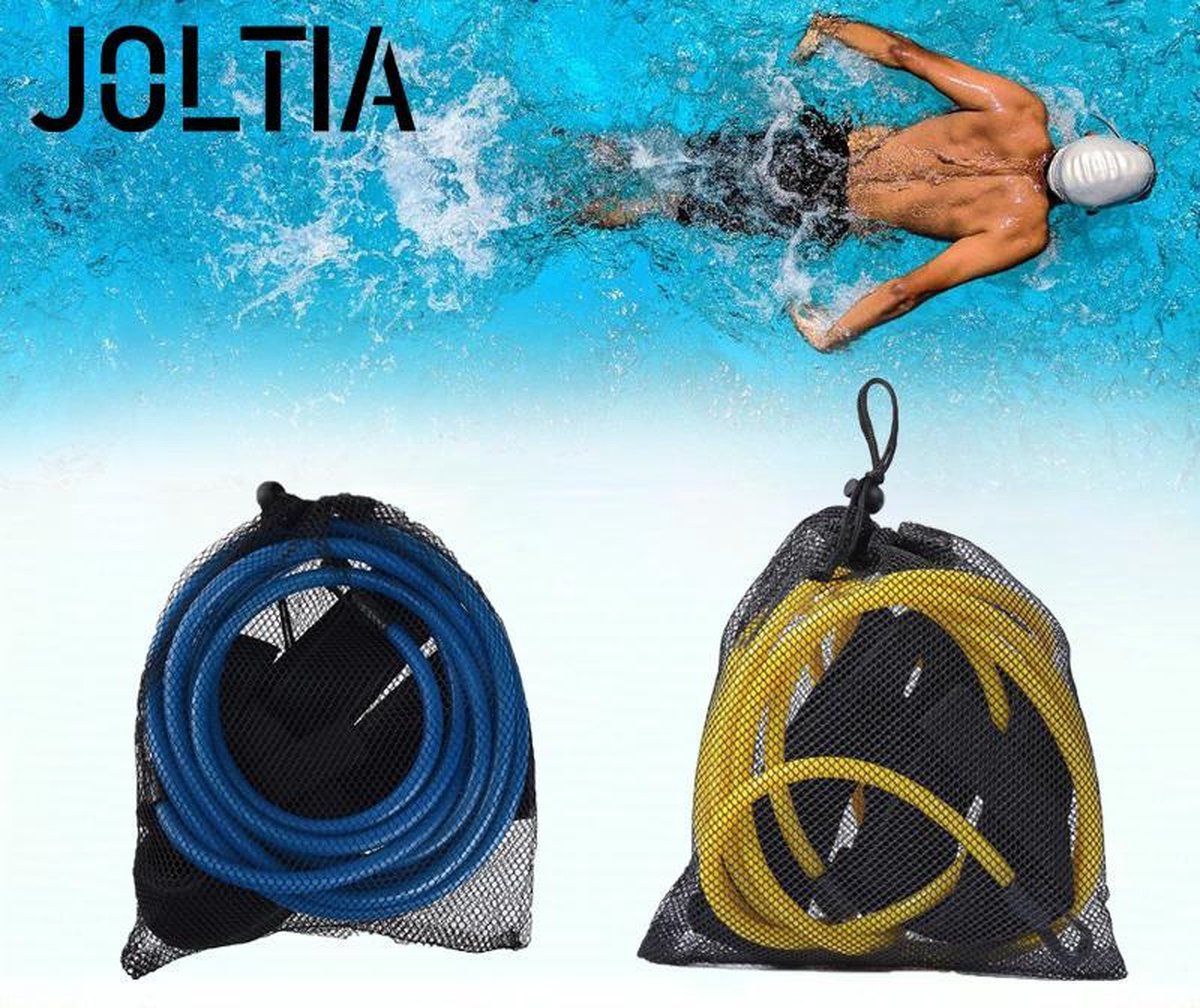 JOLTIA - Zwemelastiek 500 - 2 Pack - Zwemtraining - Zwem elastiek met weerstand - Resistance cords - Voor Volwassenen - Zwembad - Zwemelastieken met Riem / Gordel - Weerstandsband - Weerstandstube - Trainingsbanden - 3 meter - Geel en Blauw