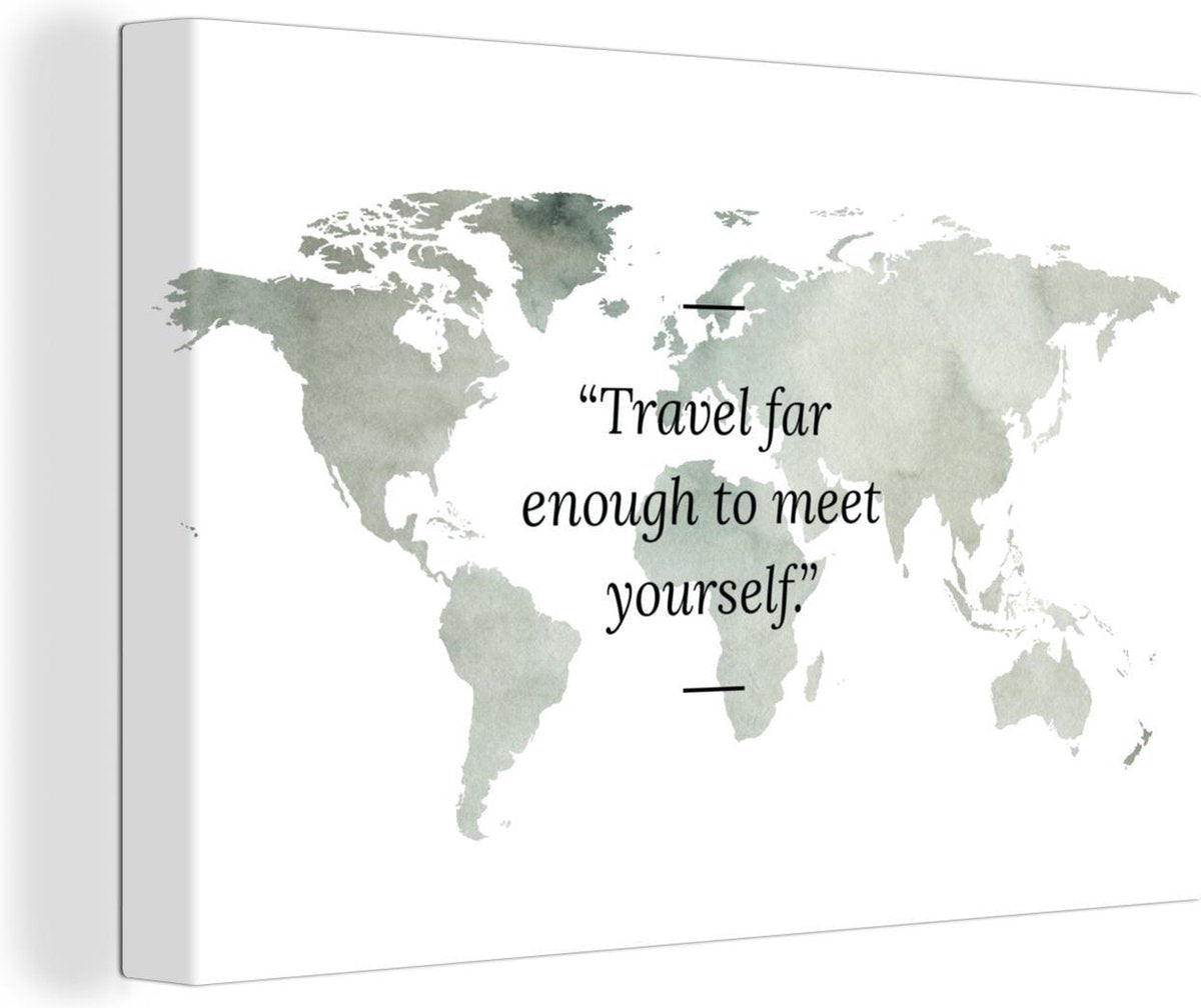 Canvas Schilderijen - Wereldkaart - Waterverf - Quotes - 120x80 cm - Wanddecoratie