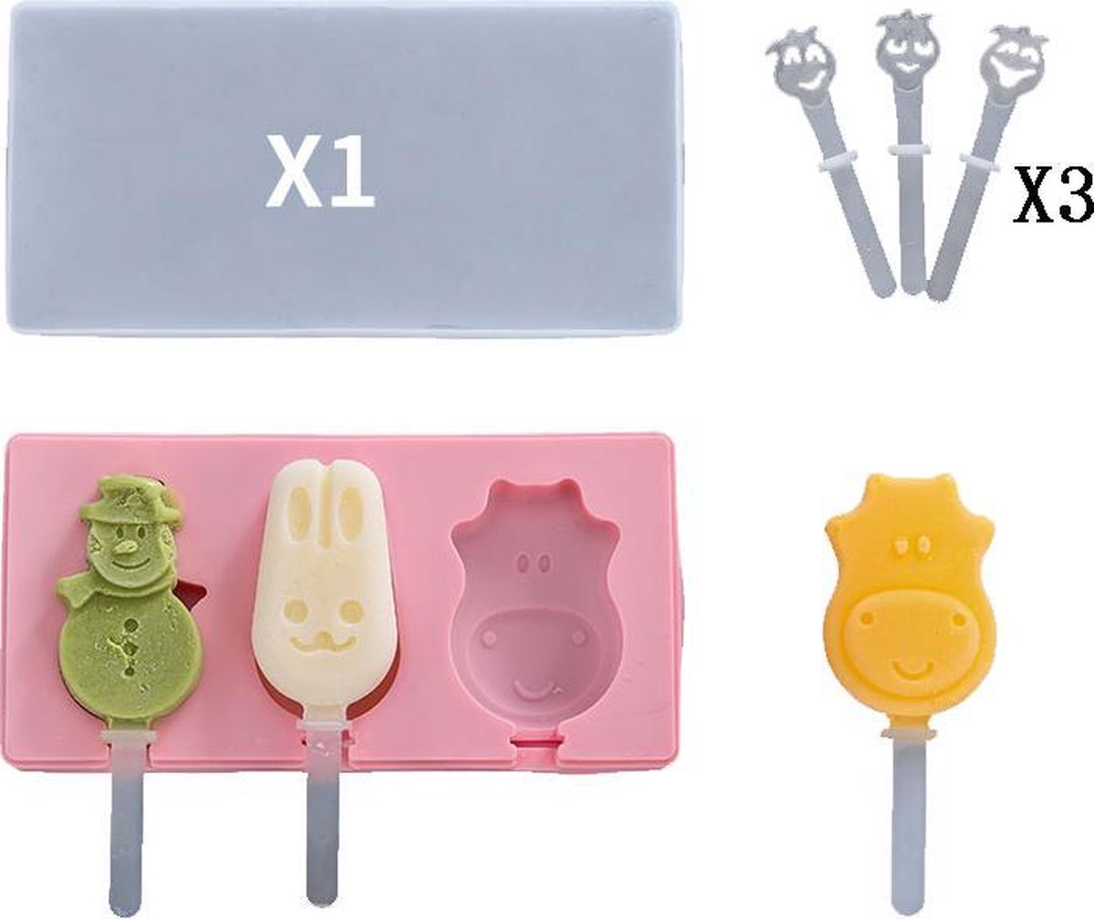 ProductGoods - Ijsvorm Dieren + Sneeuwpop - 3 Stuks - Yoghurt Ijsjes - Fruit Ijsjes - Bakvorm - Chocoladevorm - 3 Recyclebaar Stokjes - Kleur Roze