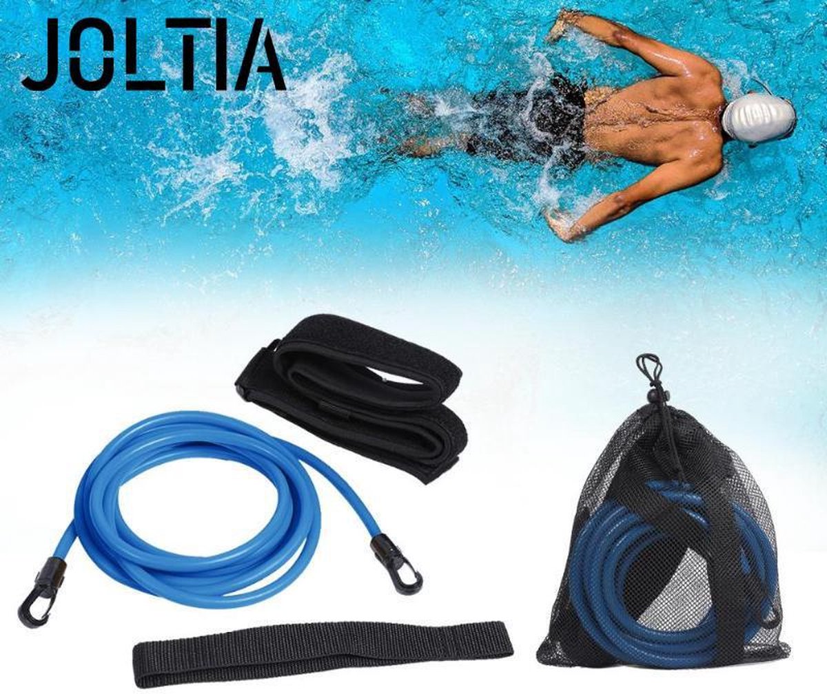 JOLTIA - Zwemelastiek 500 - Zwemtraining - Zwem elastiek met weerstand - Resistance cords - Voor Volwassenen - Zwembad - Zwemelastieken met Riem / Gordel - Weerstandsband - Weerstandstube - Trainingsbanden - 3 meter - Blauw