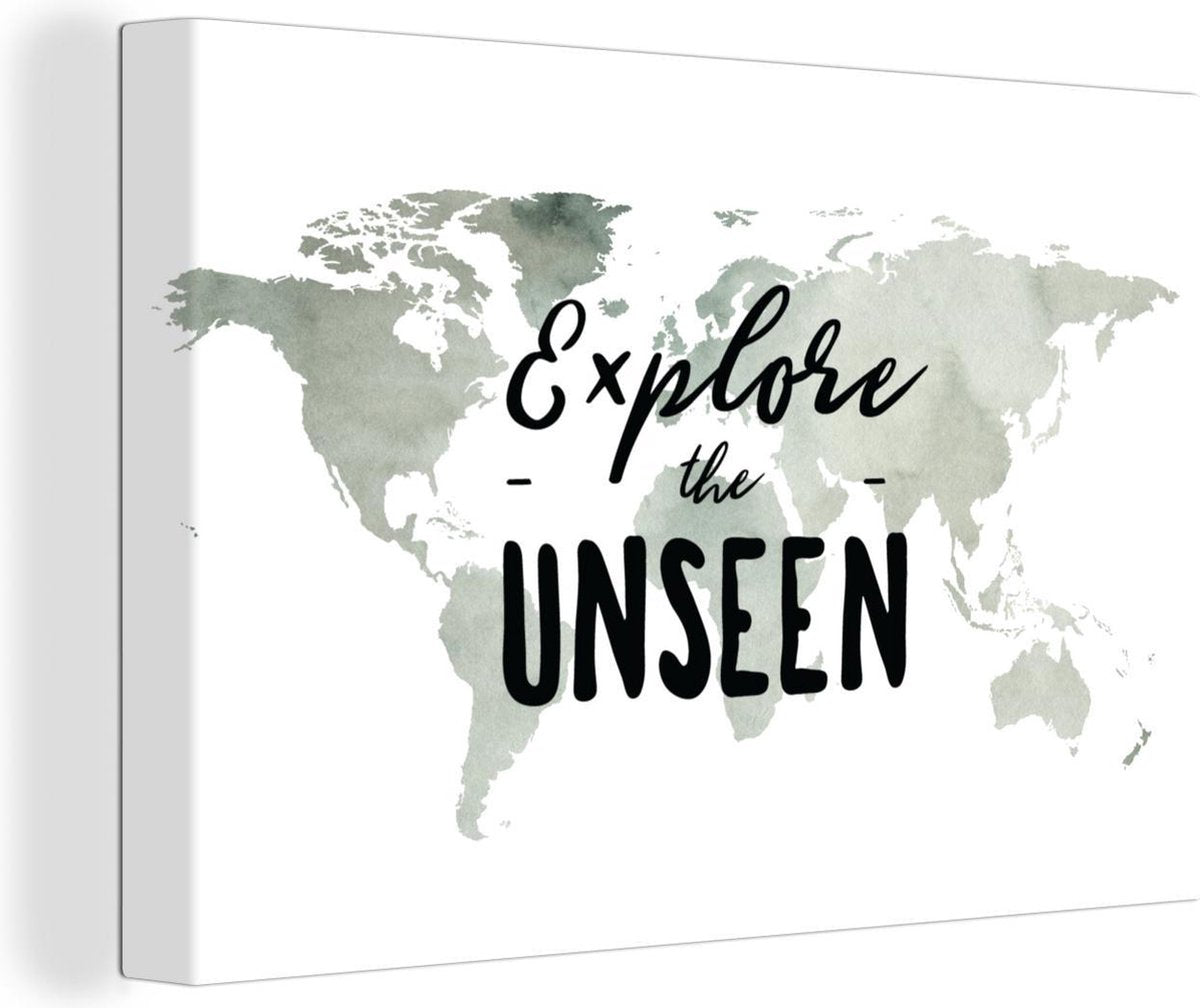 Canvas Schilderijen - Wereldkaart - Wit - Quote - 60x40 cm - Wanddecoratie