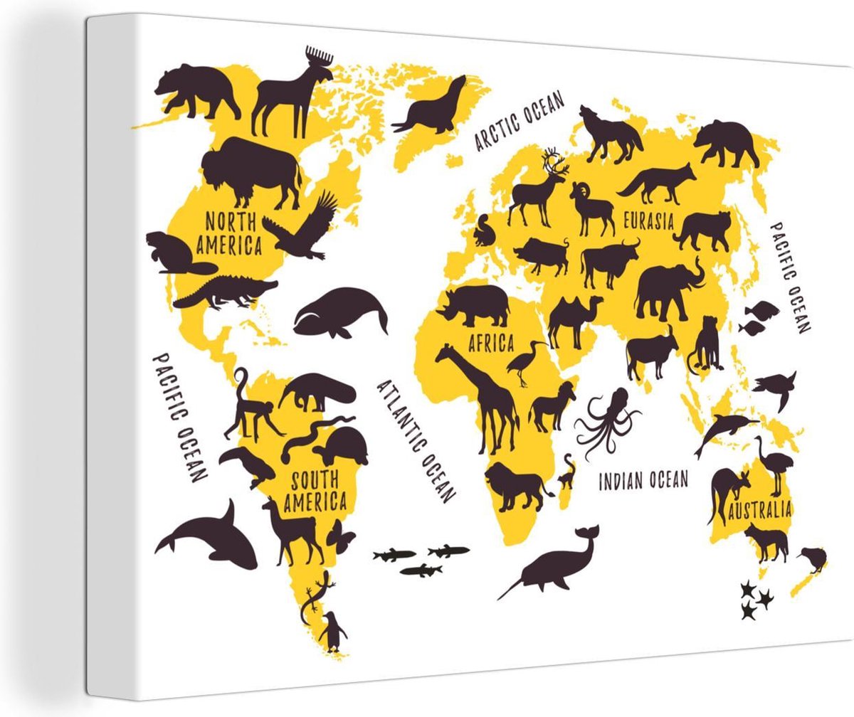 Canvas Schilderijen - Wereldkaart - Geel - Dieren - 150x100 cm - Wanddecoratie
